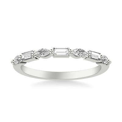 A front view of a white gold wedding band against a white background. The ring features a half eternity style with alternating marquise and baguette-shaped diamonds.