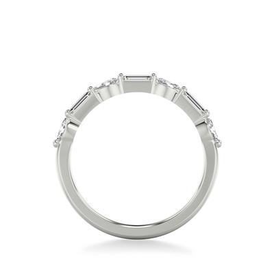 A side profile view of a white gold wedding band against a white background. The ring features a half eternity style with alternating marquise and baguette-shaped diamonds.