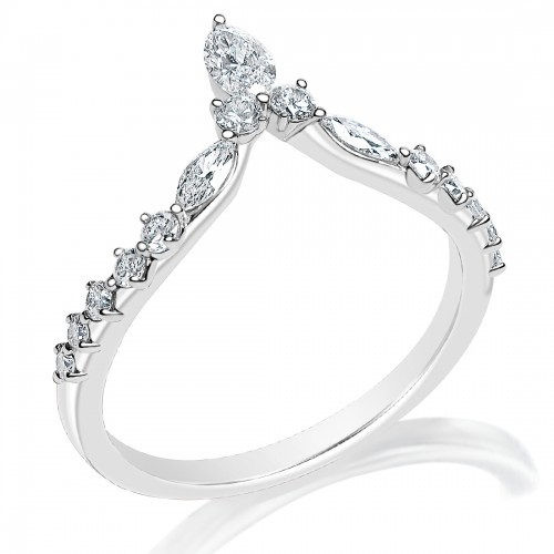 A front view of a white gold wedding band against a white background. The ring features a marquise diamond at the tip of the band, with two additional marquise diamonds further down, and compass-set round diamonds halfway along the band.