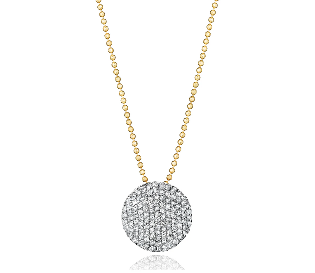 Phillips House Medium Infinity Necklace with a round pavé diamond disc on a yellow gold beaded chain