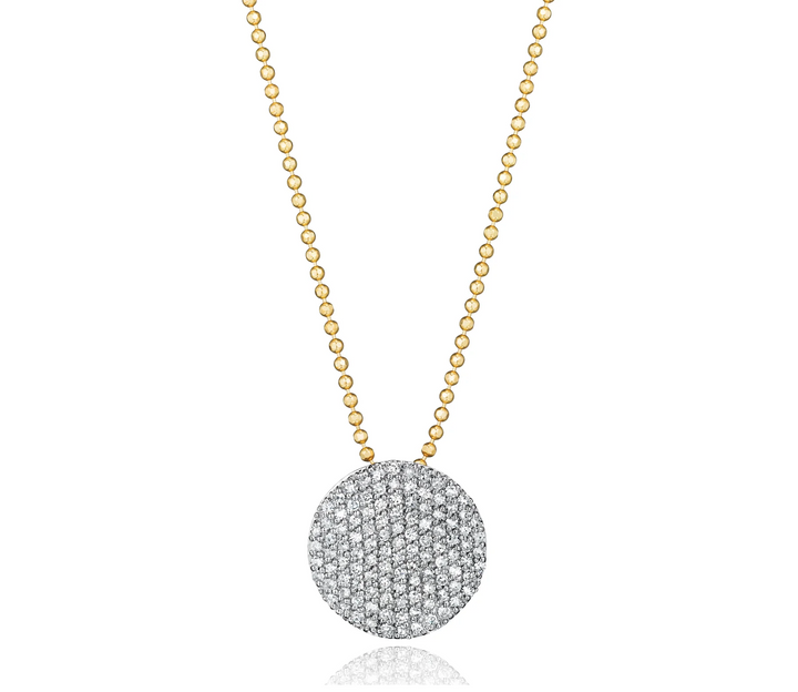 Phillips House Medium Infinity Necklace with a round pavé diamond disc on a yellow gold beaded chain