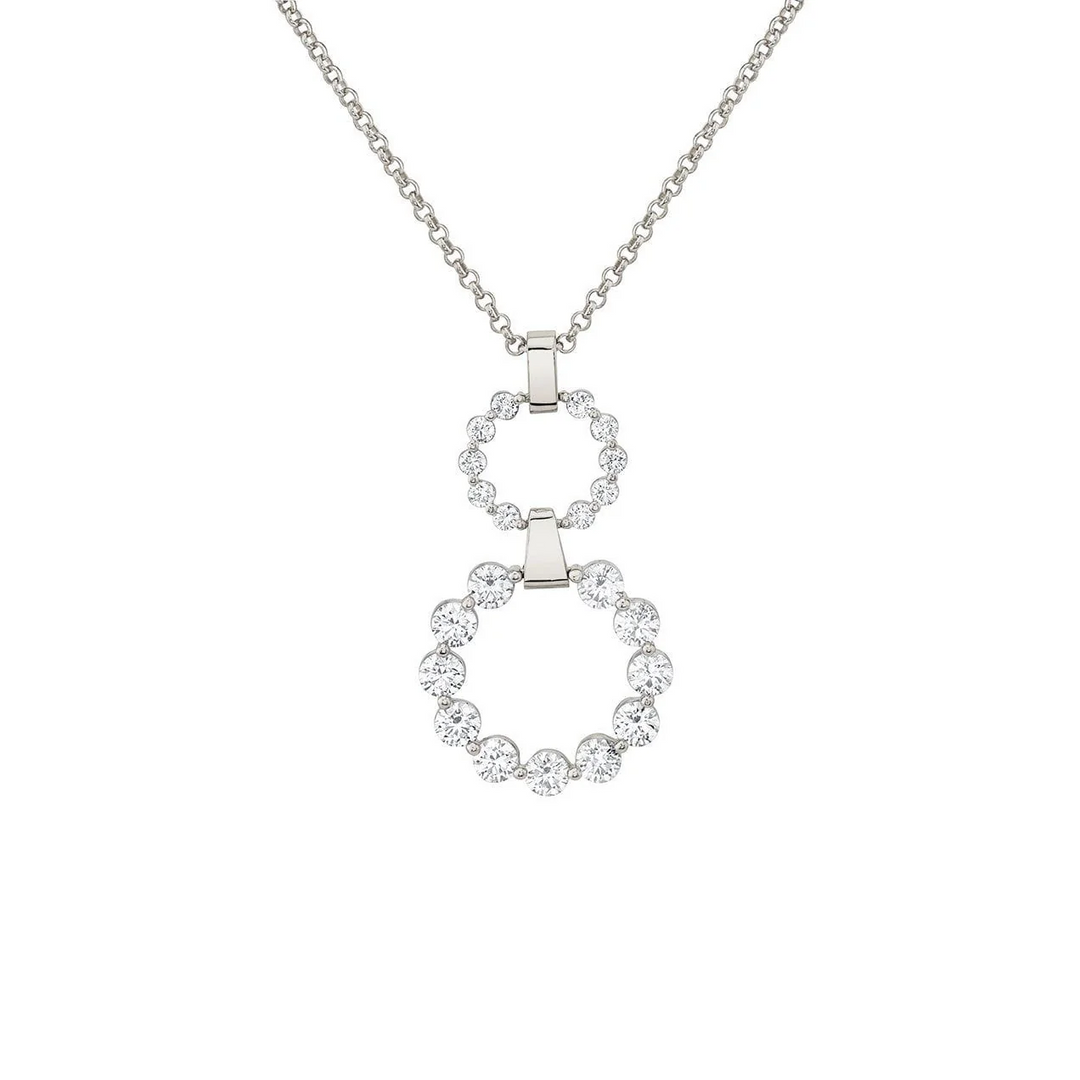 MICHAEL M Two Ring Cloud Drop Pendant with two diamond circles connected by polished white gold bars on a chain.