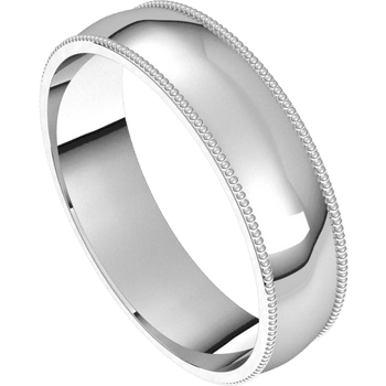 An angled view of a white gold wedding band against a white background. The ring features a distinctive milgrain edge detail.