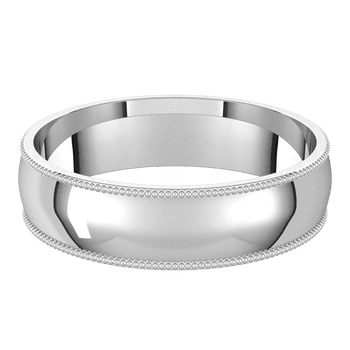 A front view of a white gold wedding band against a white background. The ring features a distinctive milgrain edge detail.