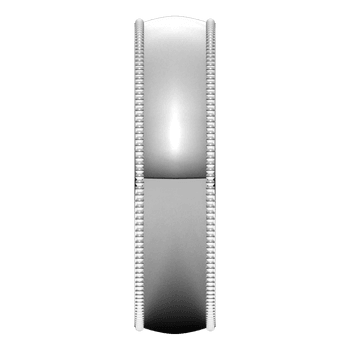 A side profile view of a white gold wedding band against a white background. The ring features a distinctive milgrain edge detail.