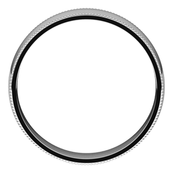A top view of a white gold wedding band against a white background. The ring features a distinctive milgrain edge detail.