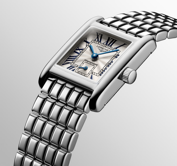 Angled view of a LONGINES Mini DolceVita with stainless-steel bracelet. 29mm case.