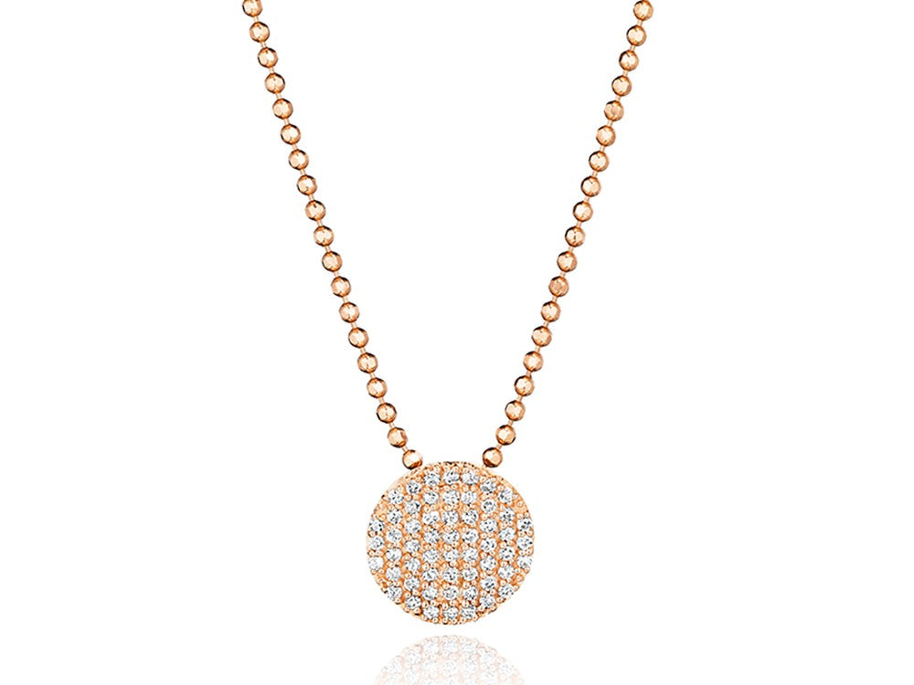 Rose gold version of the Mini Infinity Necklace with a pavé diamond disc and beaded chain
