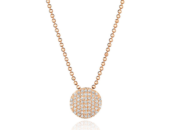 Rose gold version of the Mini Infinity Necklace with a pavé diamond disc and beaded chain