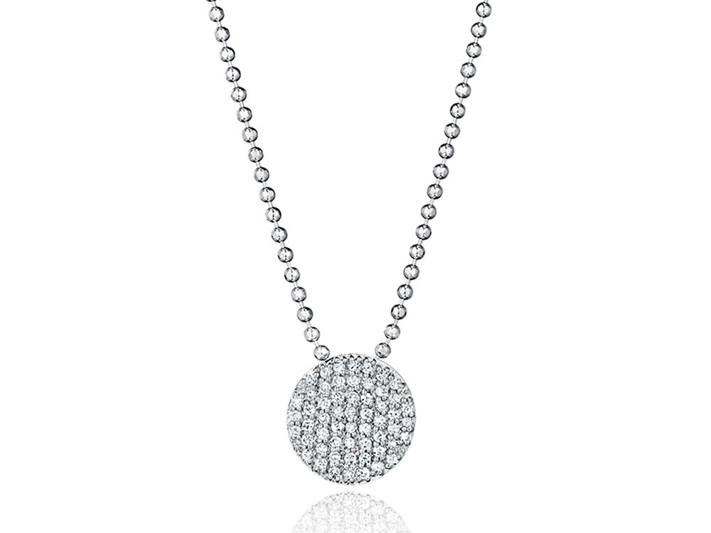 White gold version of the Mini Infinity Necklace with a pavé diamond disc and beaded chain
