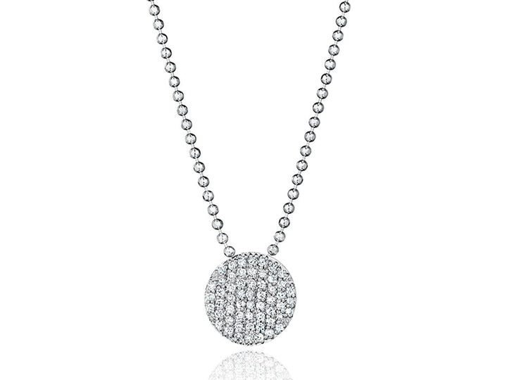 White gold version of the Mini Infinity Necklace with a pavé diamond disc and beaded chain