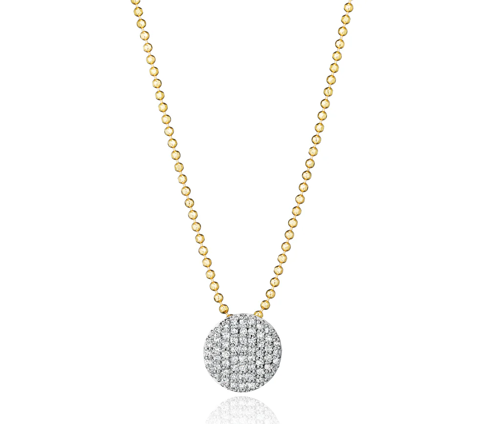 Phillips House Mini Infinity Necklace with a round pavé diamond disc on a 14K yellow gold beaded chain