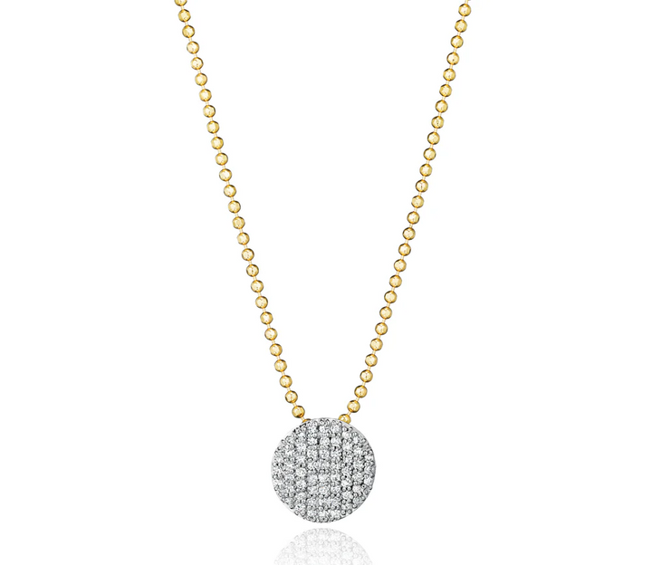 Phillips House Mini Infinity Necklace with a round pavé diamond disc on a 14K yellow gold beaded chain