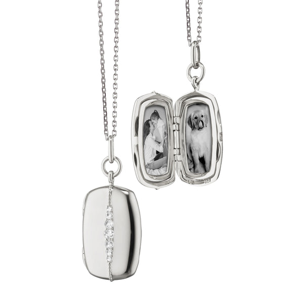 Monica Rich Kosann Kate sterling silver locket shown from the front, both closed and open to reveal its photo compartments.