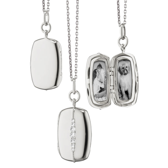 Front, open and back views of the Monica Rich Kosann Kate sterling silver locket, showing its exterior and interior photo frames.