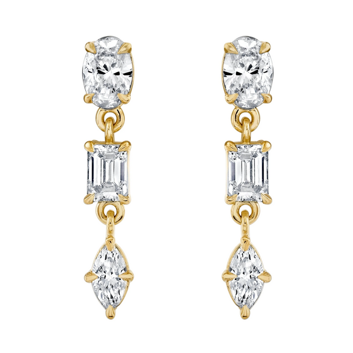 A front view of a pair of yellow gold earrings against a white background. The earrings feature a drop design with oval, emerald, and marquise-cut diamonds.