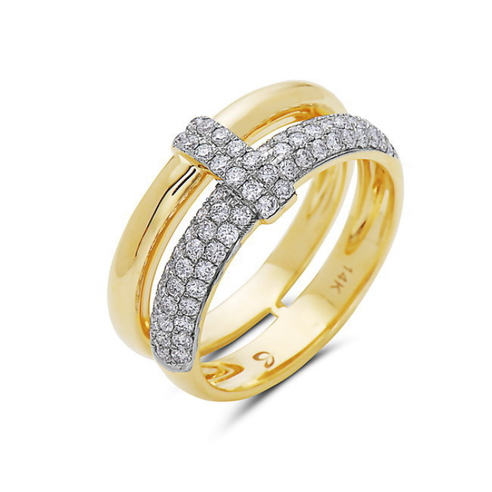 An angled view of a yellow gold ring is displayed against a white background. The ring features two rows of sleek yellow gold and a diamond-set row with a connecting diamond-set station in the middle.