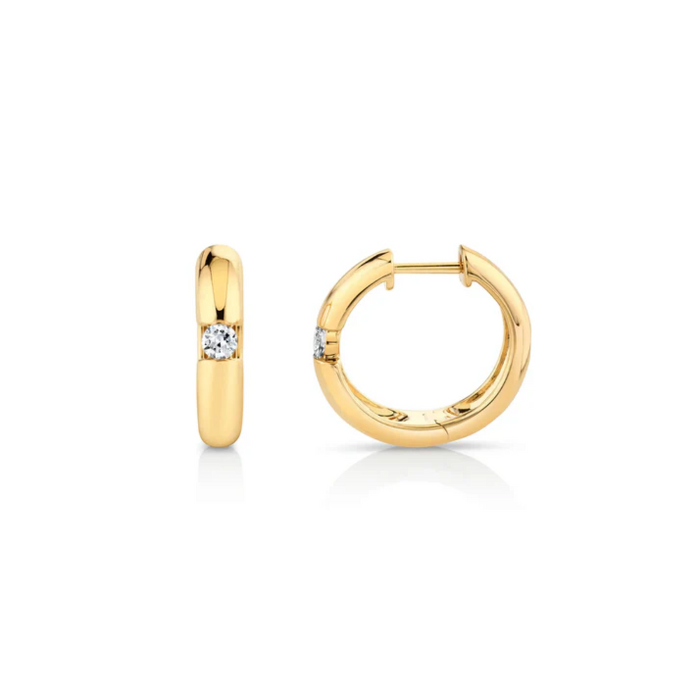 Front and side views of the Orb Split Hoops showing the center diamond, rounded gold profile and hinged closure