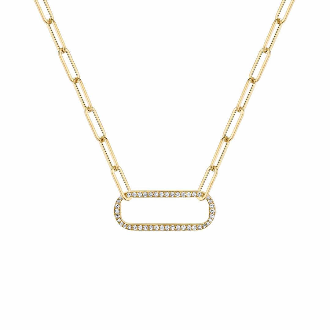 MICHAEL M yellow gold paperclip necklace with an oversized horizontal link set with pavé diamonds