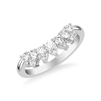 An angled view of a white gold wedding band against a white background. The ring features prong-set pear-shaped diamonds.