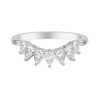 A white gold ring rests in the middle of a white background. The ring features seven teardrop motifs with 14 prong-set diamonds. 