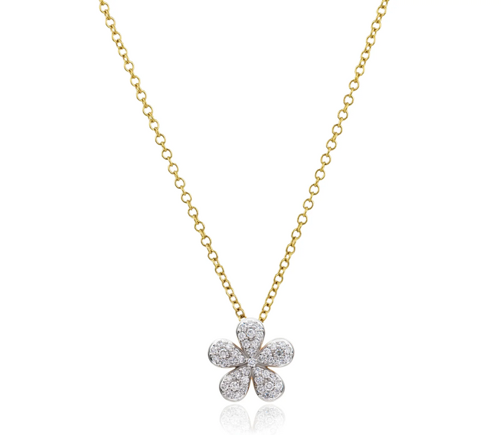 Phillips House Forget-Me-Not Petite Necklace with a curved pavé diamond flower pendant suspended from a yellow gold chain.