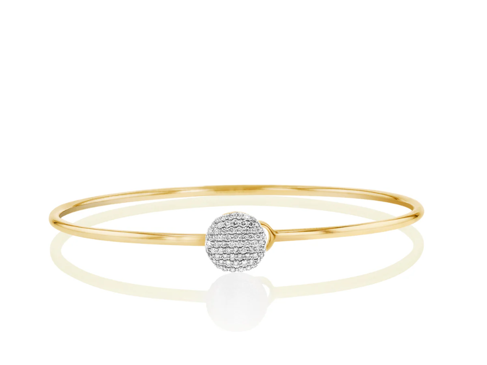 Phillips House Infinity Wire Love Always Bracelet with a round diamond-covered disc on a slim yellow gold band.