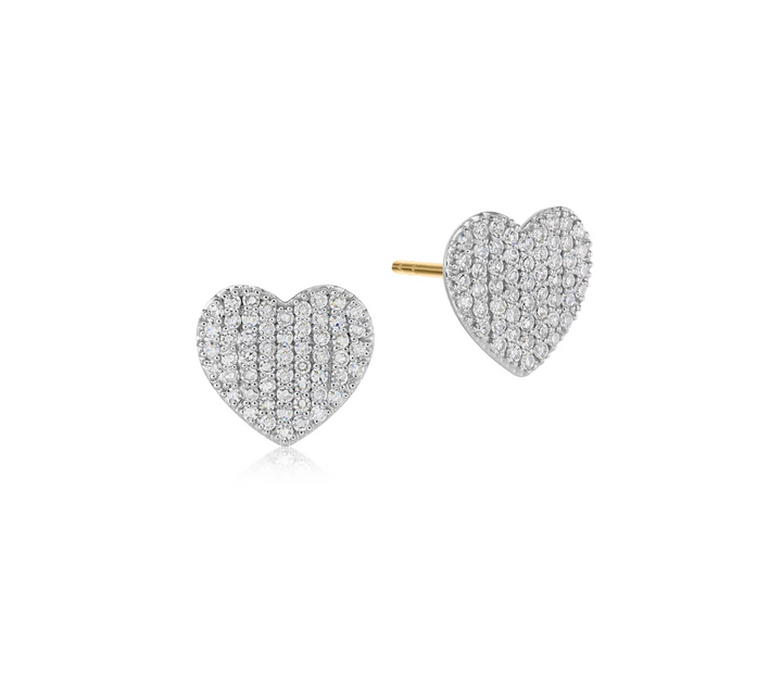 Phillips House Mini Infinity Heart stud earrings with curved diamond-covered hearts and 14K yellow gold settings.