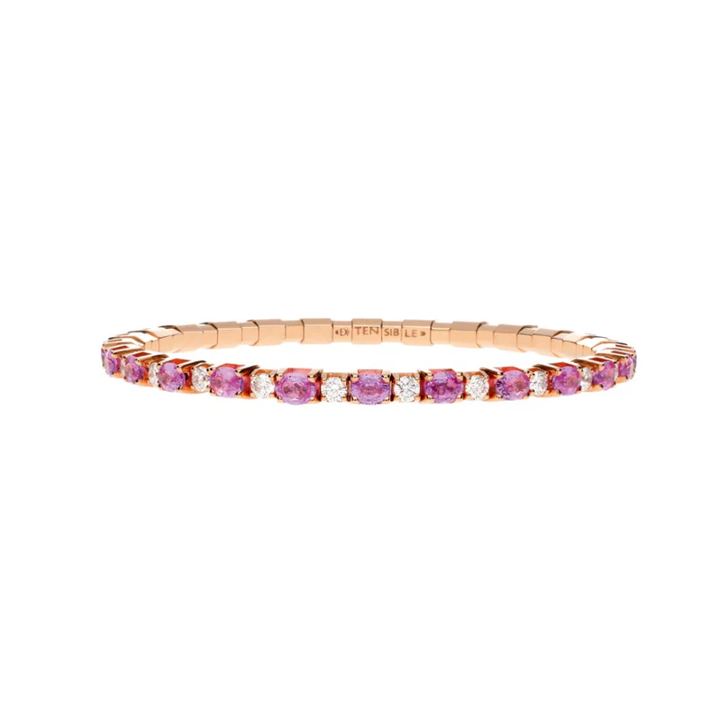 Extensible 18K rose gold stretch bracelet with alternating oval pink sapphires and round diamonds