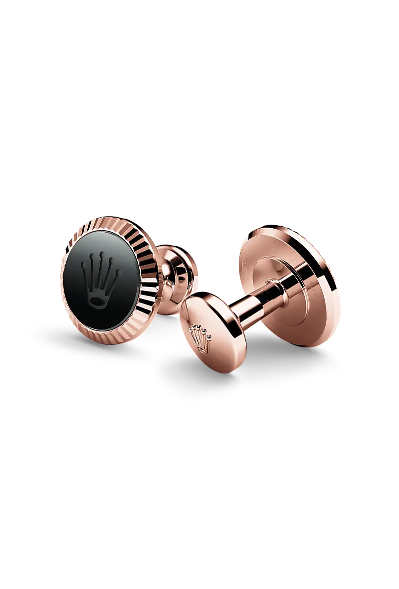 Rolex ‘Fluted’ cufflinks Everose gold and ceramic A1035 at Richter & Phillips Jewelers