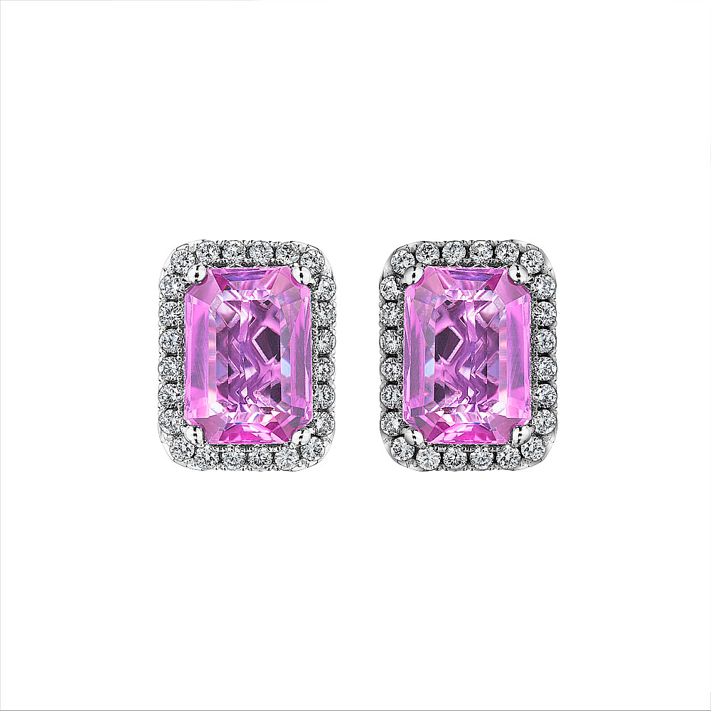 SES Creations stud earrings with emerald-cut pink sapphires surrounded by round diamond halos in 18K white gold.