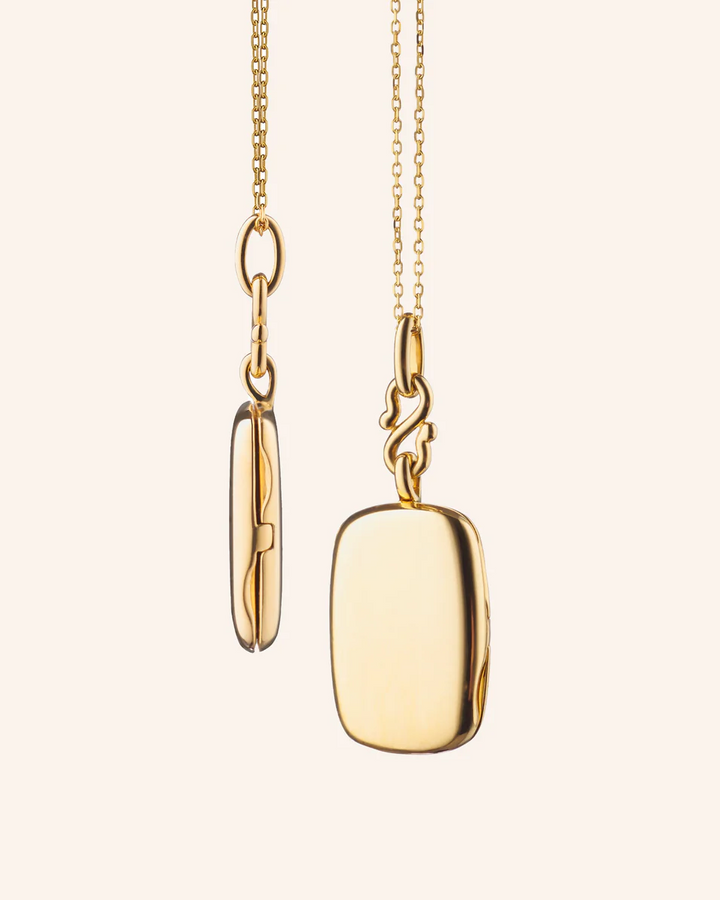 Front and side views of the Slim Britt gold locket necklace showing its polished finish and slim profile