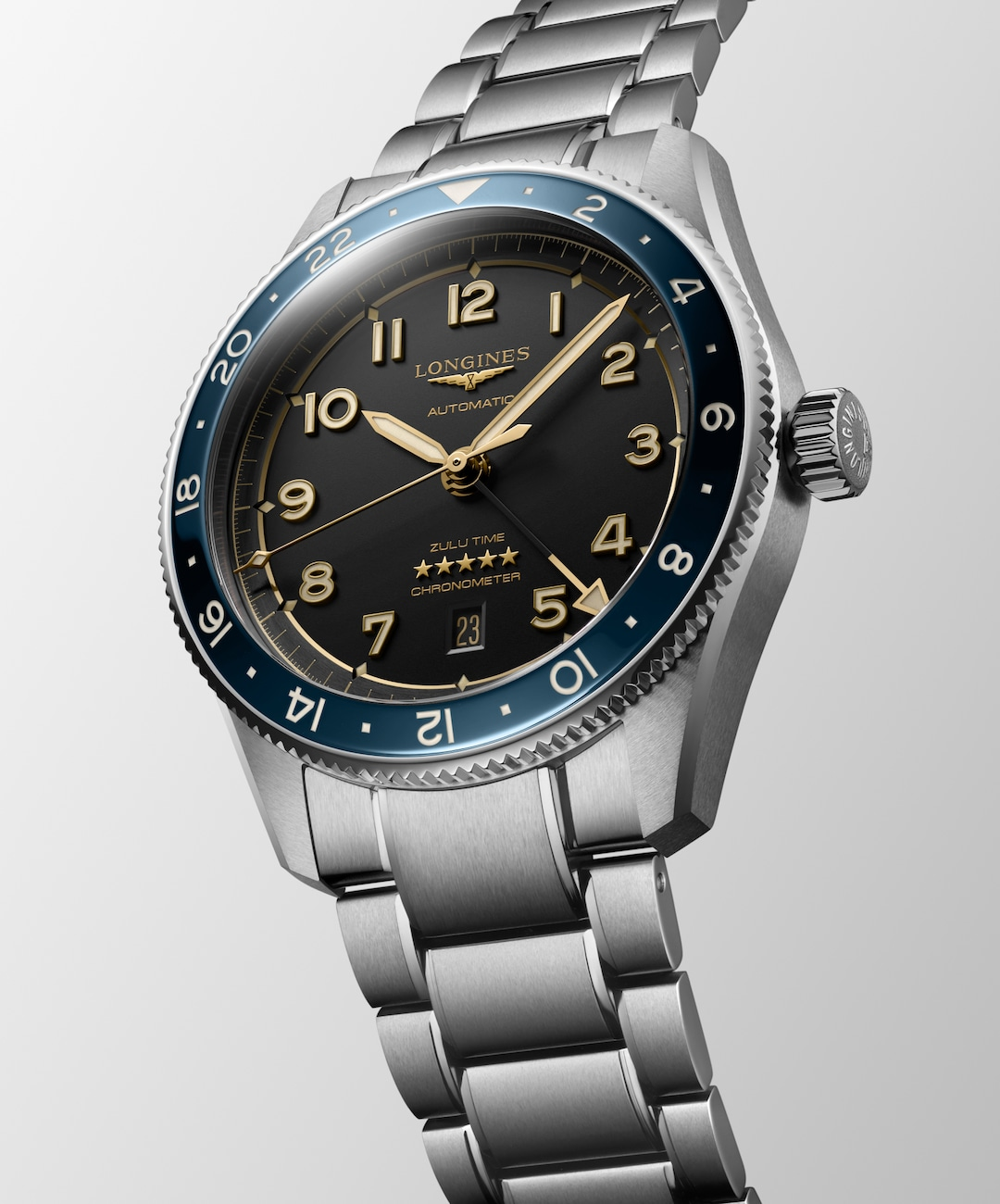 Close up front view of a LONGINES Spirit Zulu Time watch with an anthracite dial and a stainless steel bracelet.