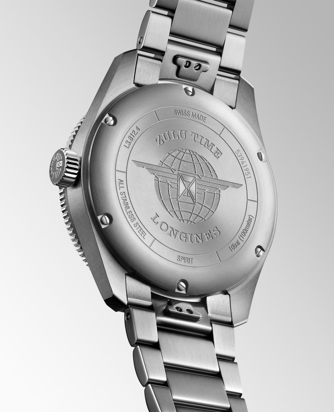 Close up back view of a LONGINES Spirit Zulu Time watch case with  a stainless steel bracelet.
