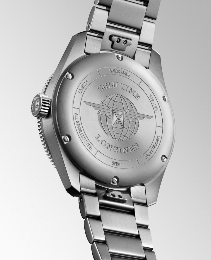 Close up back view of a LONGINES Spirit Zulu Time watch case with  a stainless steel bracelet.