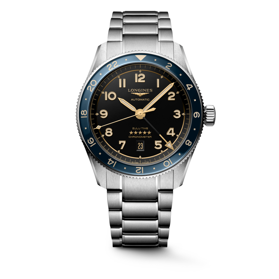 Close up front view of a LONGINES Spirit Zulu Time watch with an anthracite dial and a stainless steel bracelet.