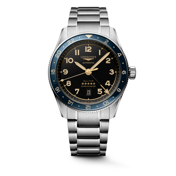 Close up front view of a LONGINES Spirit Zulu Time watch with an anthracite dial and a stainless steel bracelet.