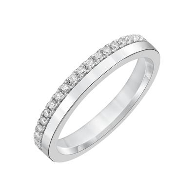 An angled view of a white gold wedding band against a white background. The ring features a split pavé design with a row of pavé-set round-shaped diamonds.