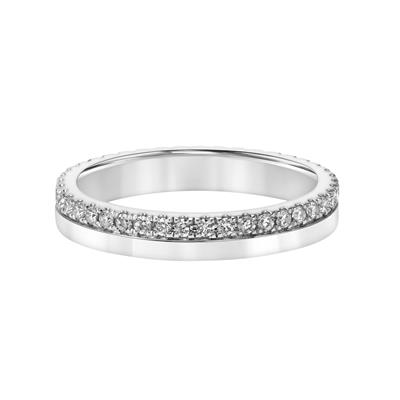 A front view of a white gold wedding band against a white background. The ring features a split pavé design with a row of pavé-set round-shaped diamonds.