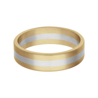 A front view of a wedding band against a white background. The ring features two yellow gold stripes and a platinum middle stripe.