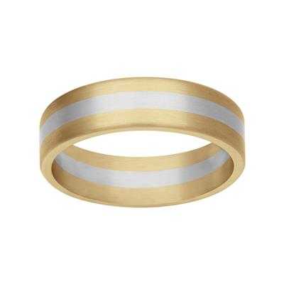 A tilted front view of a wedding band against a white background. The ring features two yellow gold stripes and a platinum middle stripe.