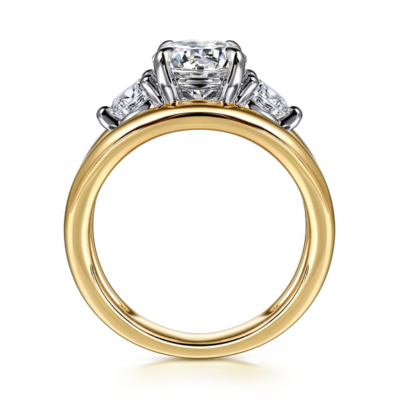 Profile view of a 14K two-tone gold engagement ring showing the raised round center diamond and lower side diamond settings.