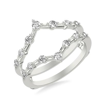 An angled view of a white gold wedding band against a white background. The ring features a pointed tiara-shaped ring insert band with 14 round-shaped diamonds.