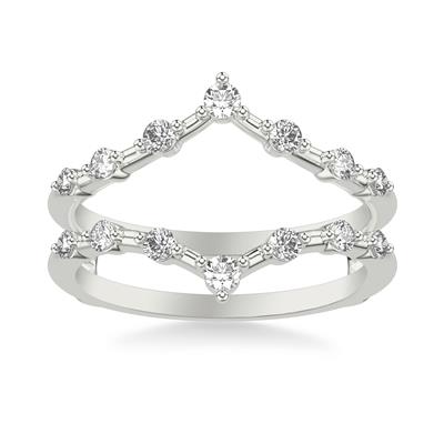 A front view of a white gold wedding band against a white background. The ring features a pointed tiara-shaped ring insert band with 14 round-shaped diamonds.