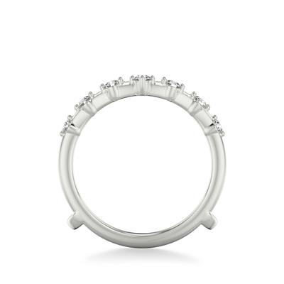A side profile view of a white gold wedding band against a white background. The ring features a pointed tiara-shaped ring insert band with 14 round-shaped diamonds.