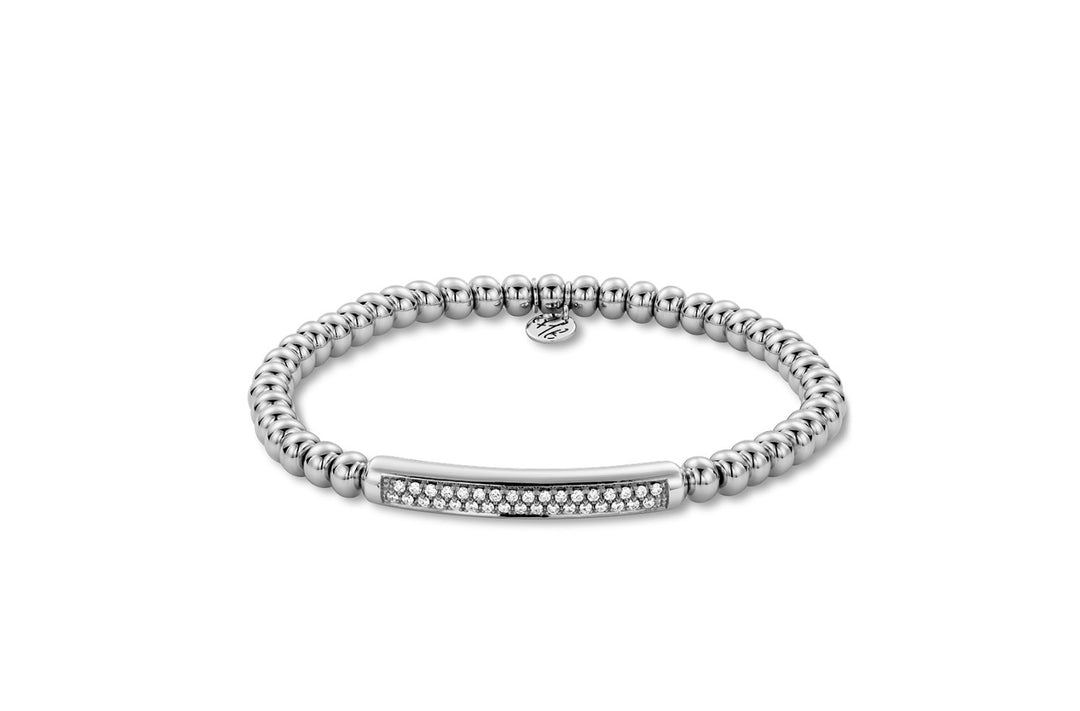 Hulchi Belluni Tresor 18K white gold stretch bracelet with polished beads and two rows of diamonds in a curved bar