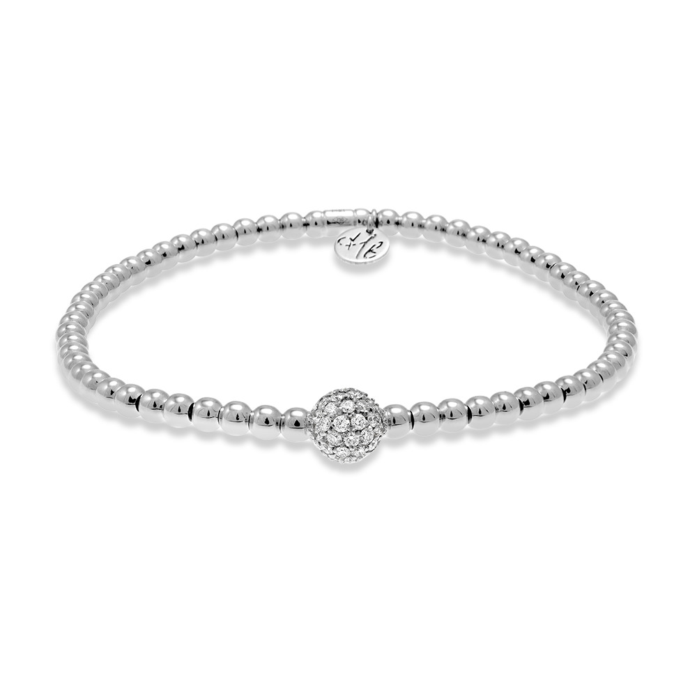 Hulchi Belluni Tresor 18K white gold beaded stretch bracelet with a round pavé diamond centerpiece and logo charm