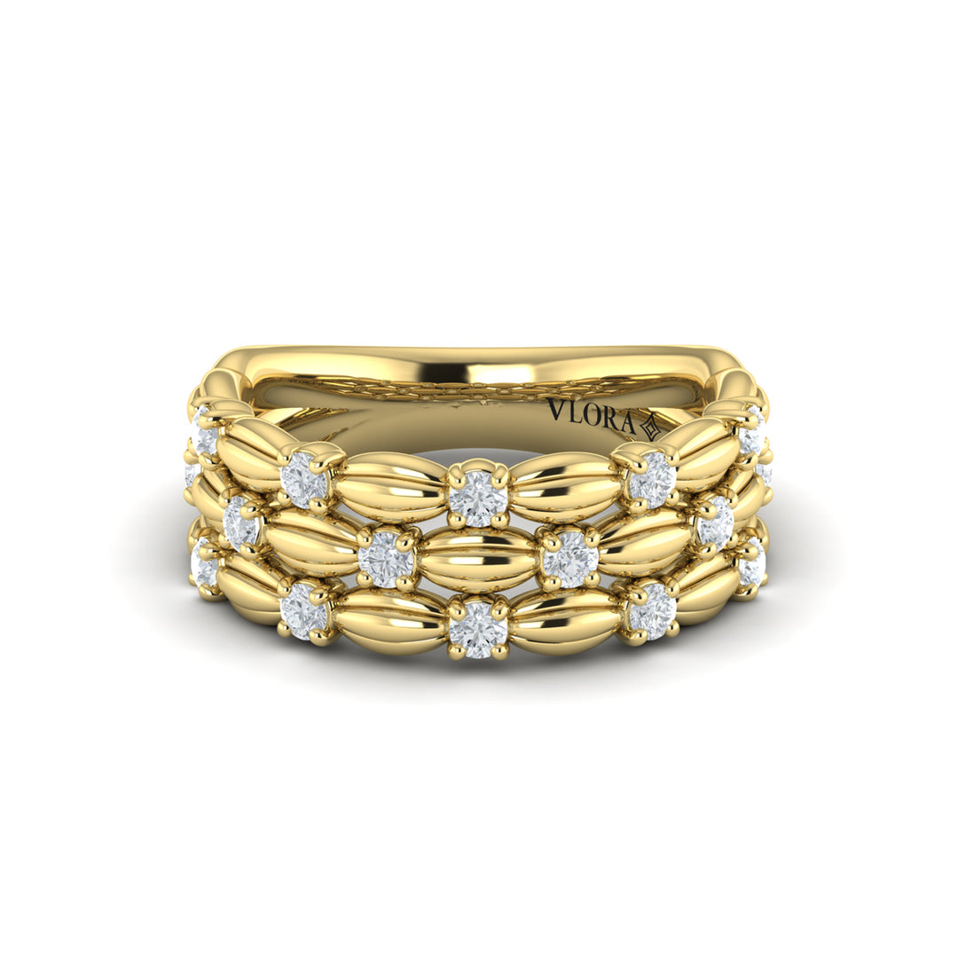 A front view of a yellow gold ring is set against a white background. The ring features round-shaped diamonds adorning an elegant, scalloped silhouette, three rows, and a polished finish.