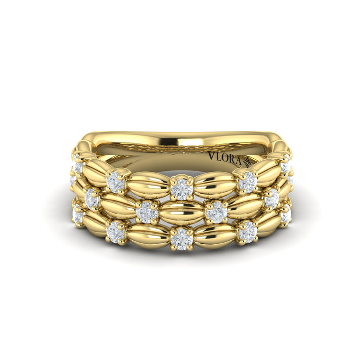 A front view of a yellow gold ring is set against a white background. The ring features round-shaped diamonds adorning an elegant, scalloped silhouette, three rows, and a polished finish.