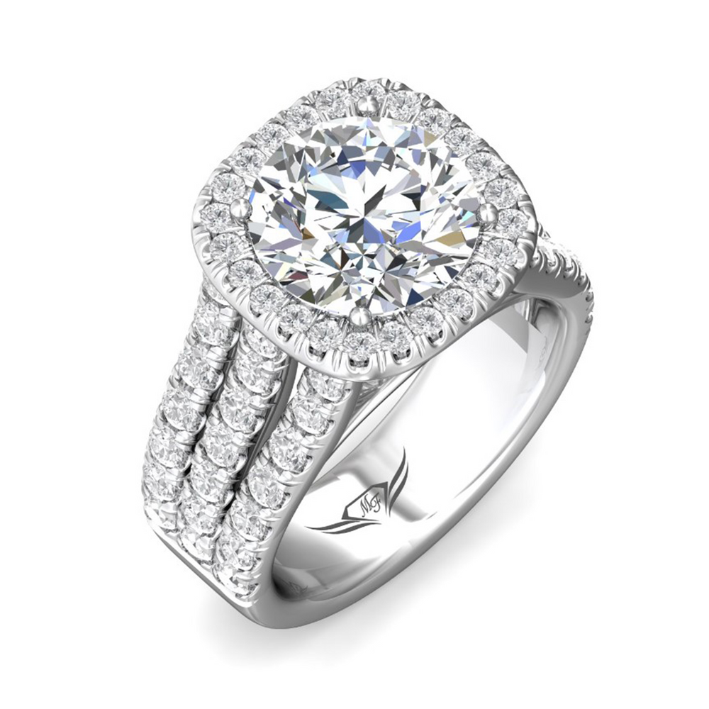 Angled view of a Martin Flyer halo engagement ring showing three pavé diamond rows along the split shank band.